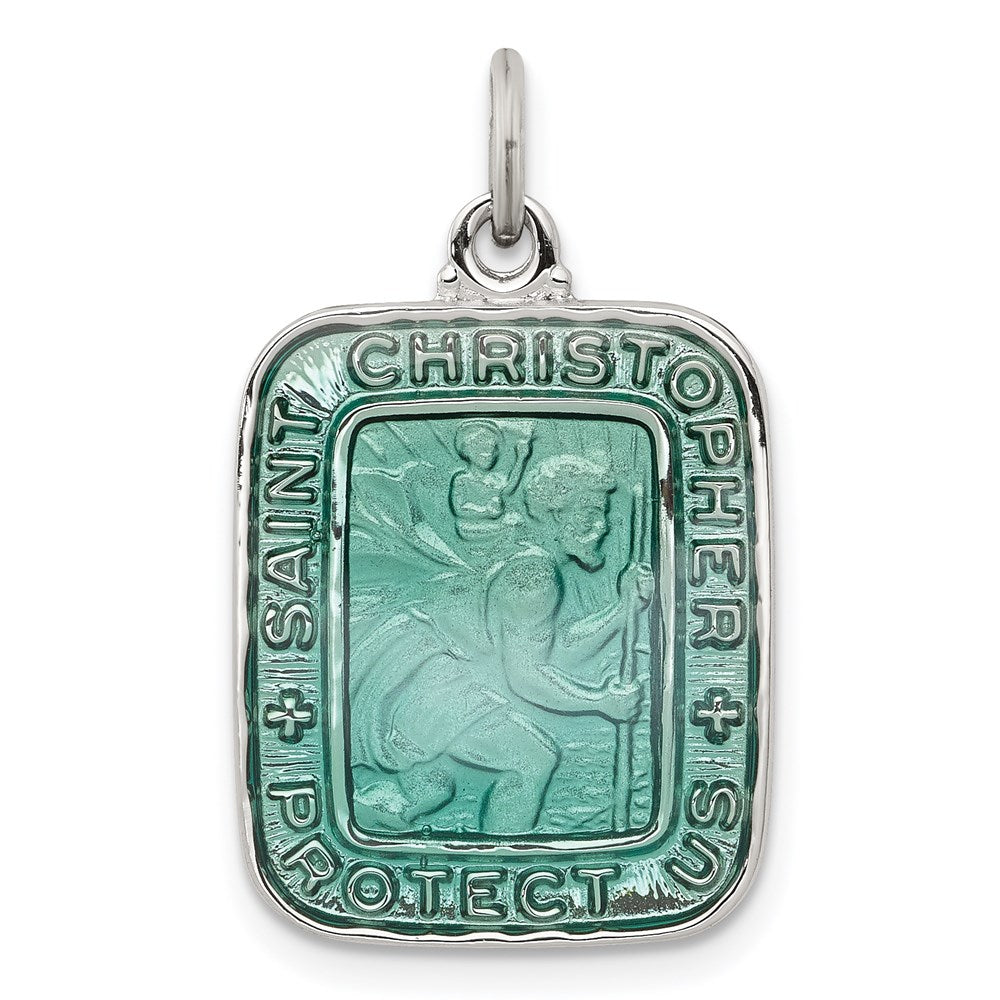 Sterling Silver Teal Enamel Square St. Christopher Medal Pendant, 25 x 15 mm