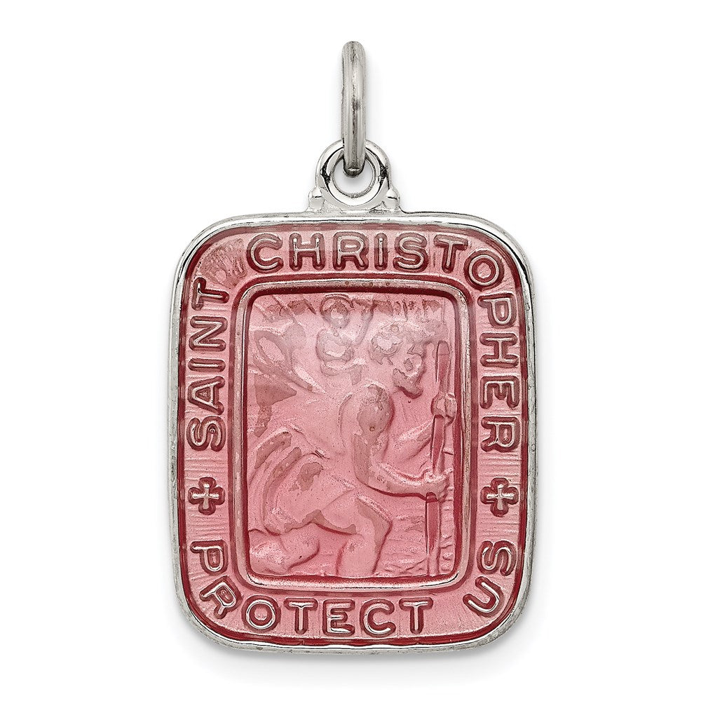 Sterling Silver Pink Enamel Square St. Christopher Medal Pendant, 25 x 15 mm