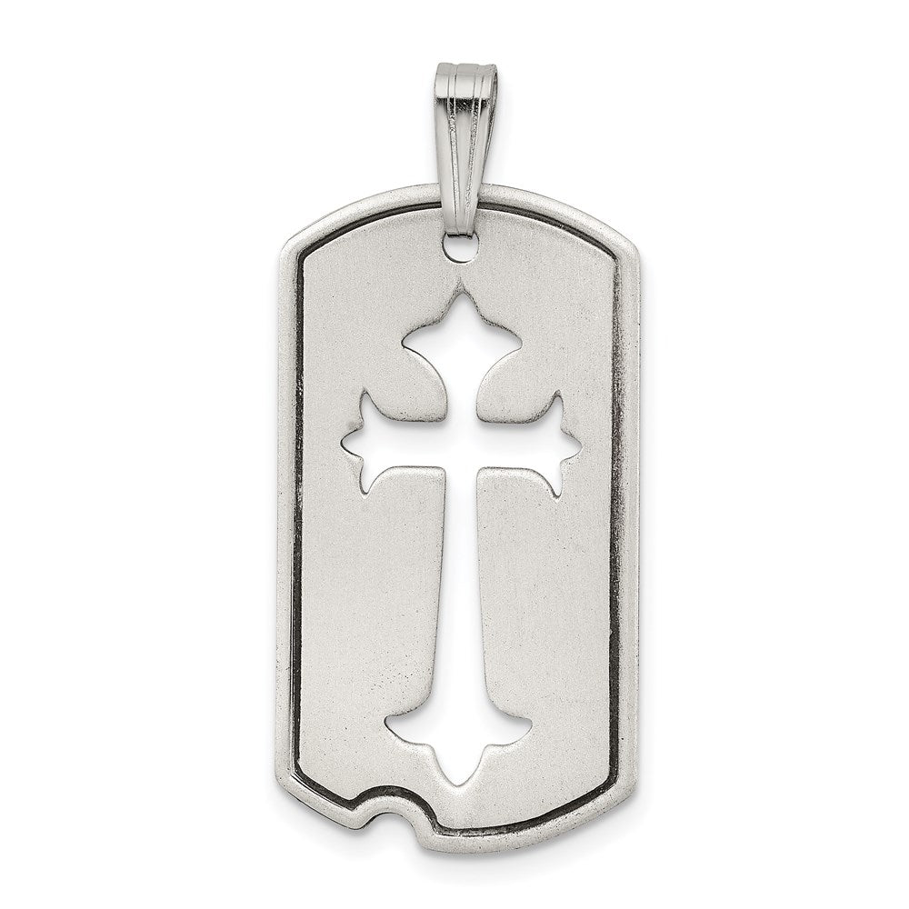 Sterling Silver Satin Antiqued Dog Tag with Cut out Cross Pendant, 38 x 16 mm