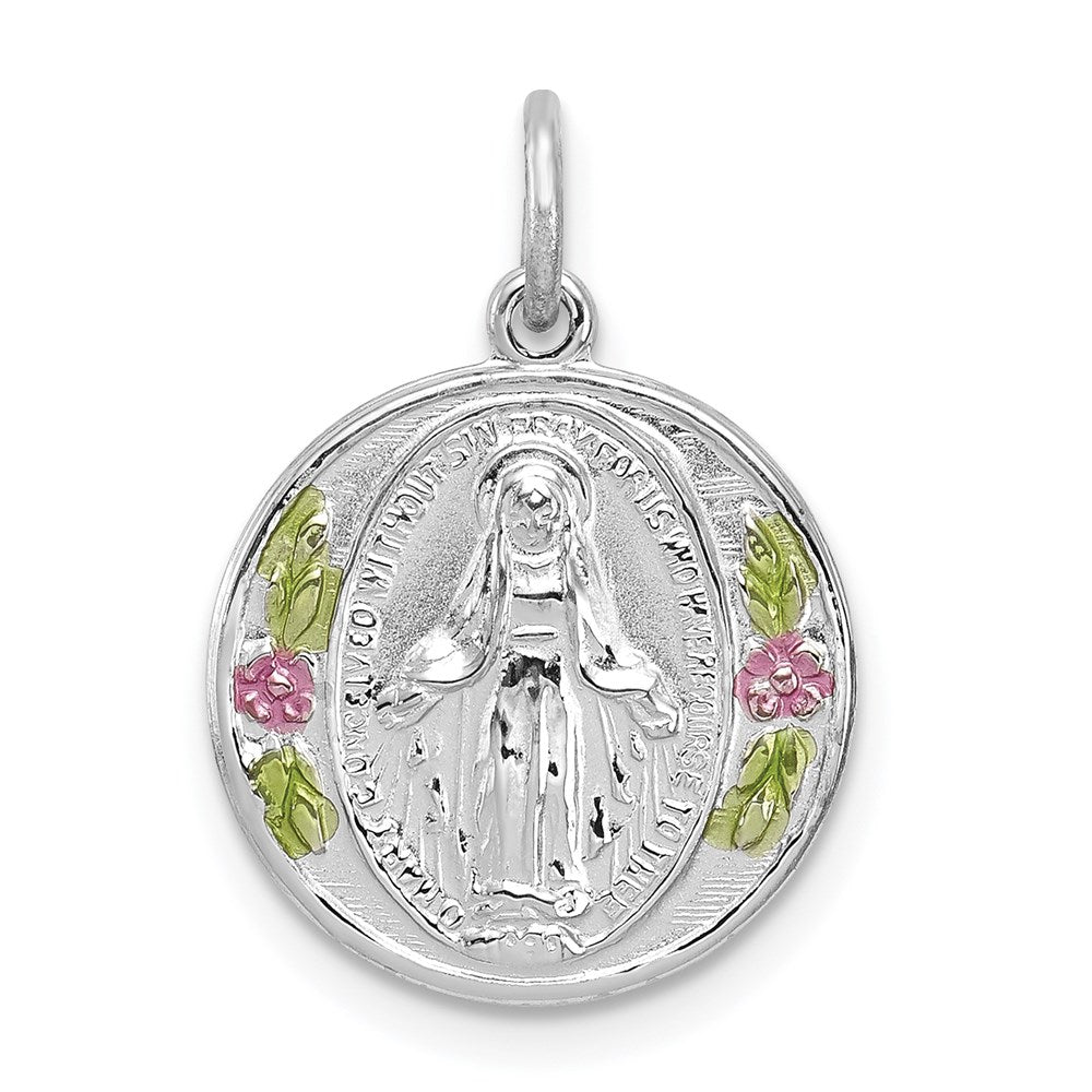 Sterling Silver Platinum-plated Polished Epoxy Miraculous Medal Pendant, 20 x 14 mm