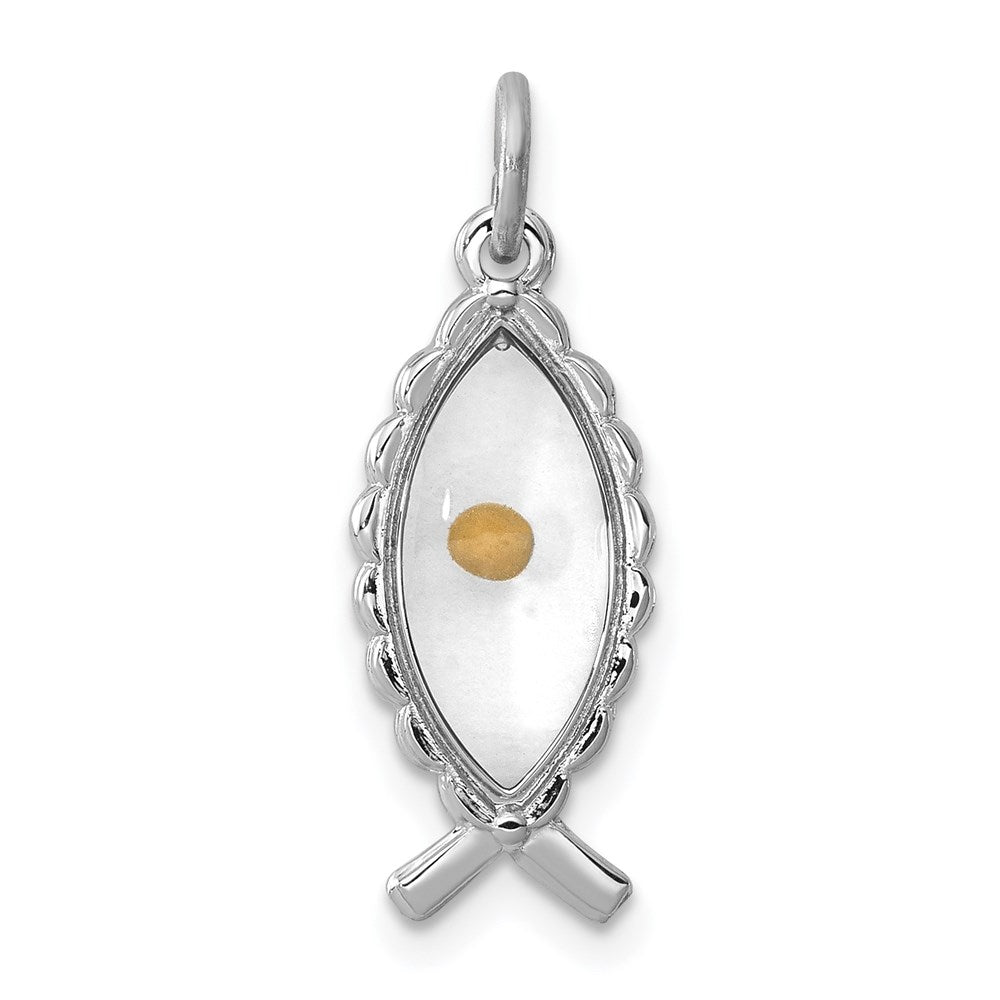 Sterling Silver Platinum-plated Epoxy Ichthus w/Mustard Seed Pendant, 19 x 8 mm
