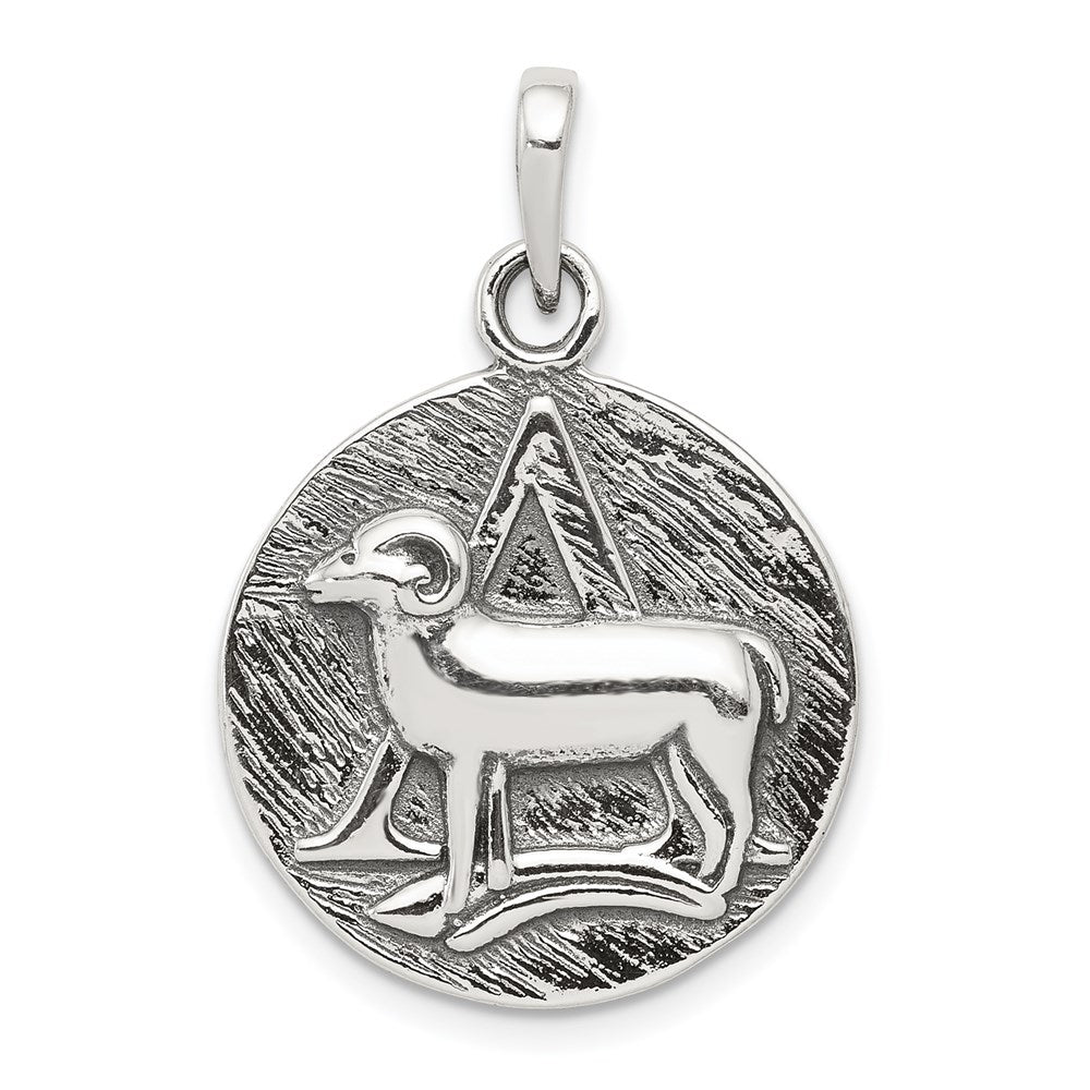 Sterling Silver Polished Antique Finish Aries Horoscope Zodiac Pendant, 29 x 19 mm