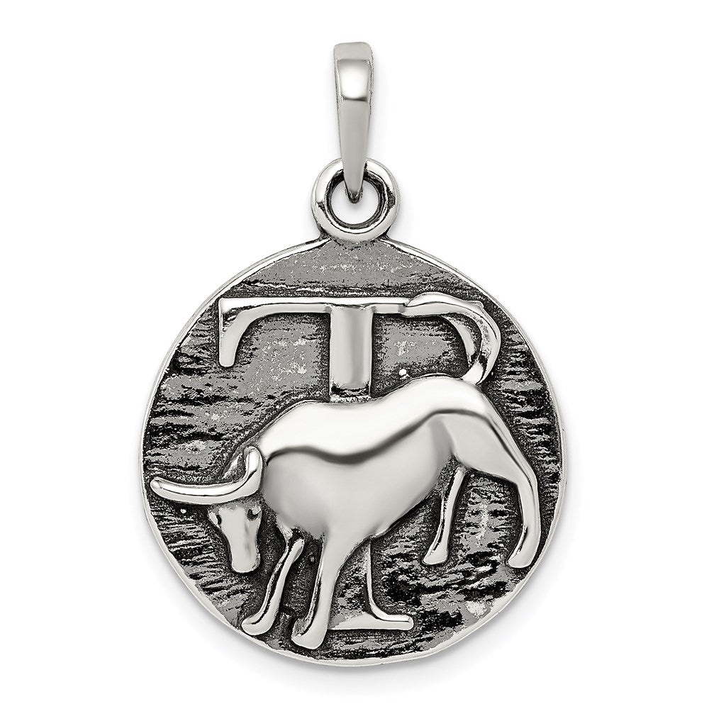 Sterling Silver Polished Antique Finish Taurus Horoscope Zodiac Pendant, 29 x 19 mm