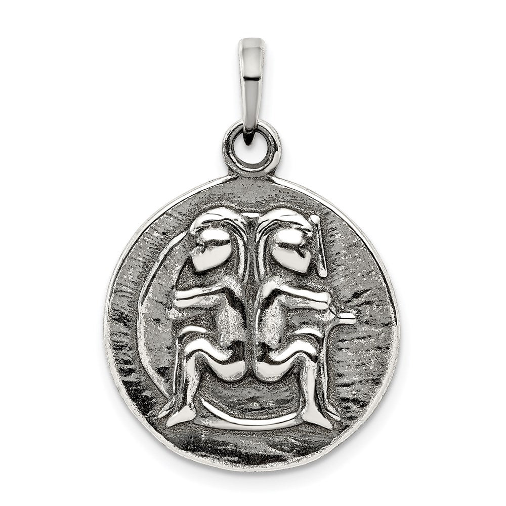 Sterling Silver Polished Antique Finish Gemini Horoscope Zodiac Pendant, 29 x 19 mm