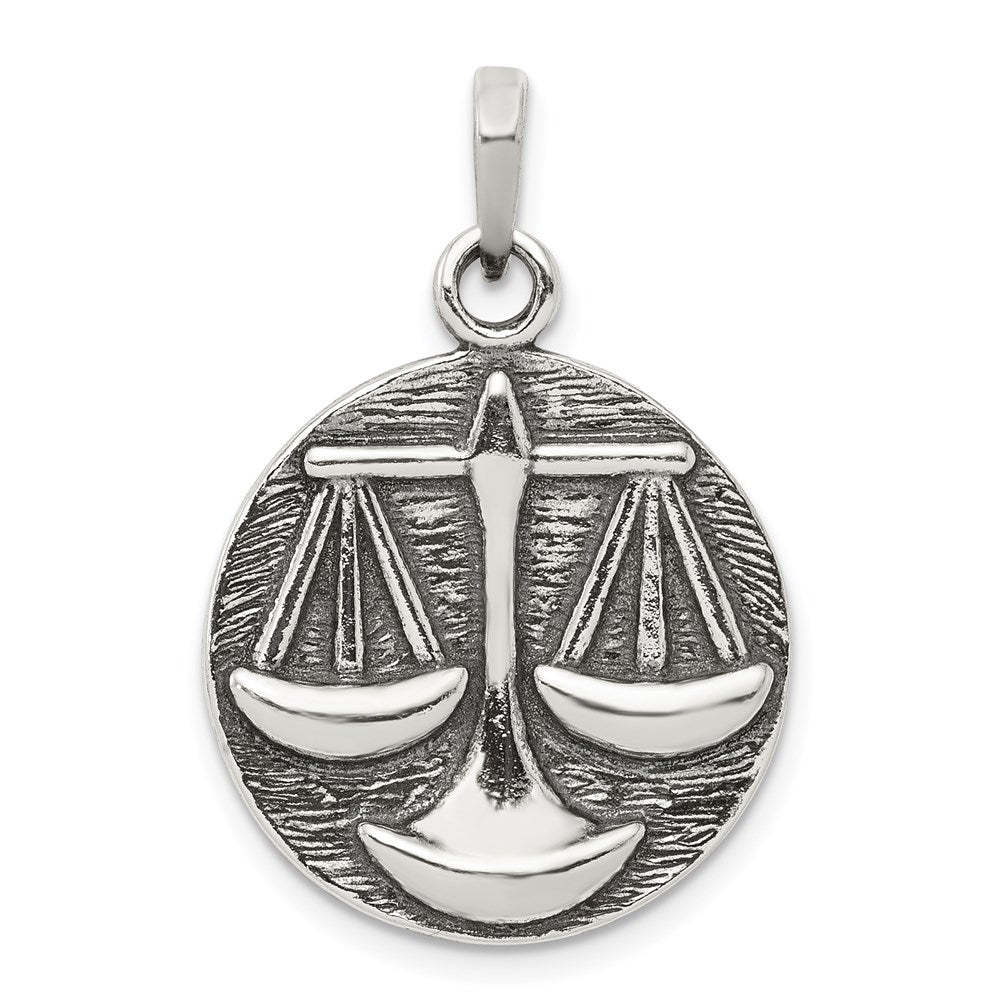 Sterling Silver Polished Antique Finish Libra Horoscope Zodiac Pendant, 29 x 19 mm