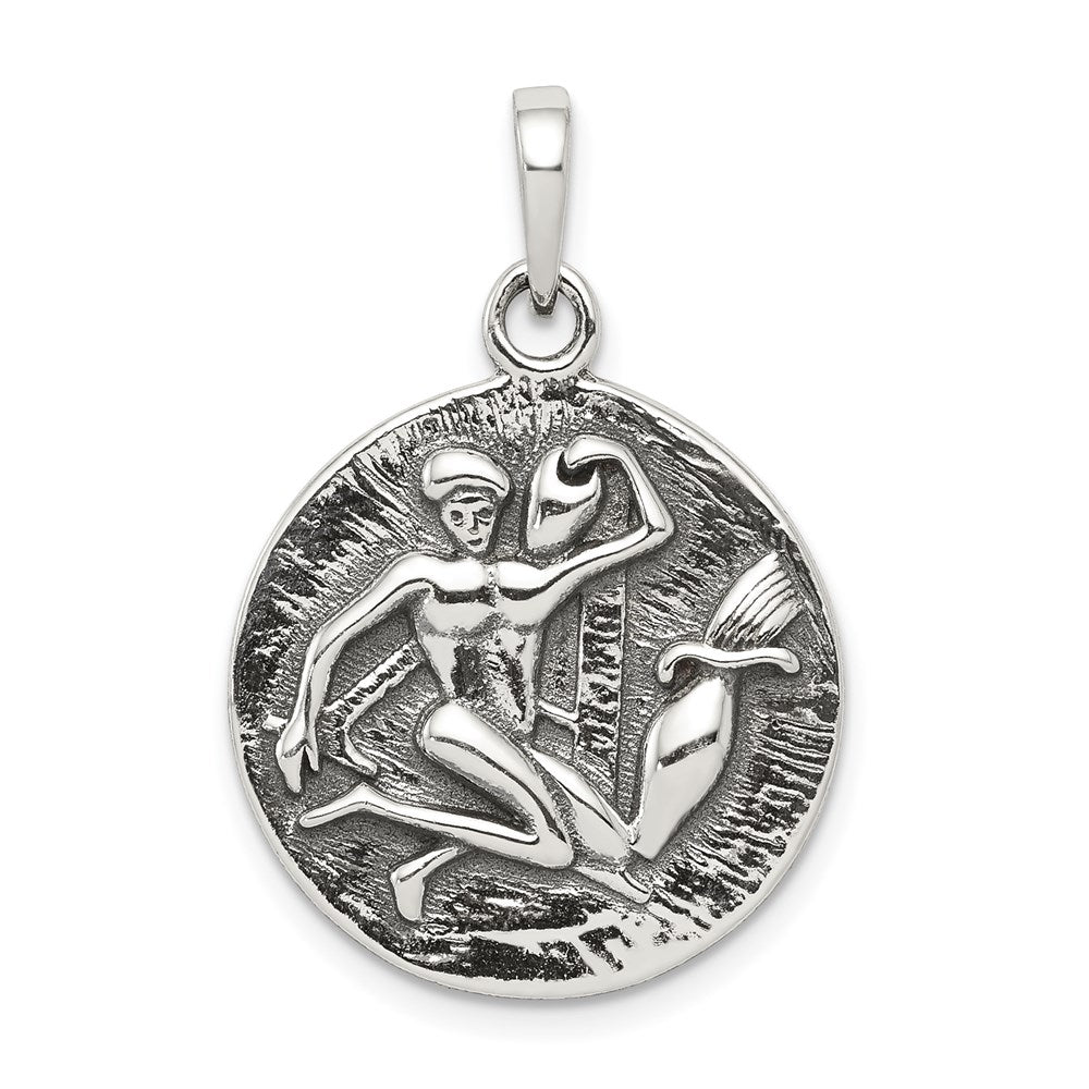 Sterling Silver Polished Antique Finish Aquarius Horoscope Zodiac Pendant, 29 x 19 mm