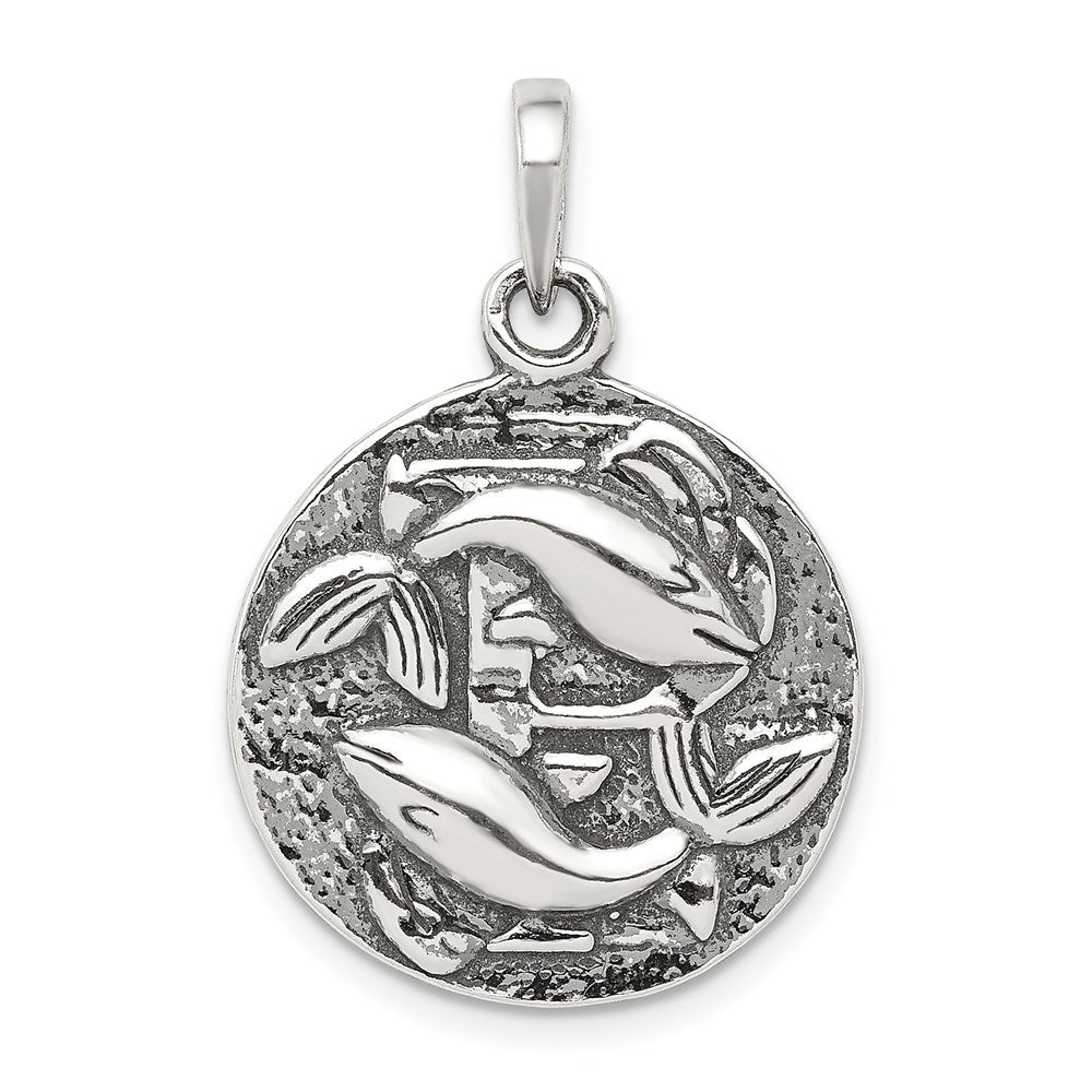 Sterling Silver Polished Antique Finish Pisces Horoscope Zodiac Pendant, 29 x 19 mm