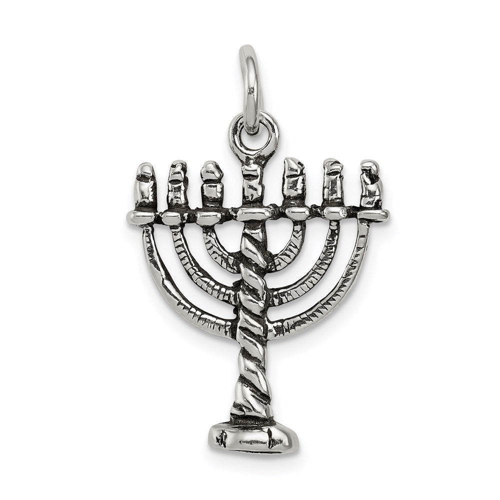 Sterling Silver Antiqued Menorah Charm, 27 x 18 mm