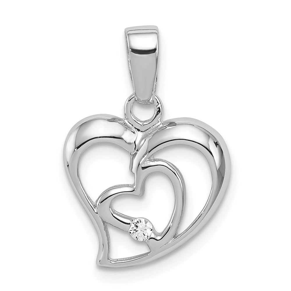 Sterling Silver Rhodium-plated CZ Open Double Heart Pendant, 23 x 15 mm