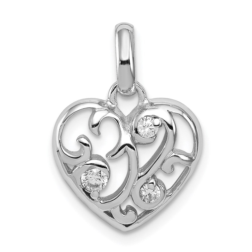 Sterling Silver Rhodium Plated CZ Heart Pendant, 22 x 14 mm