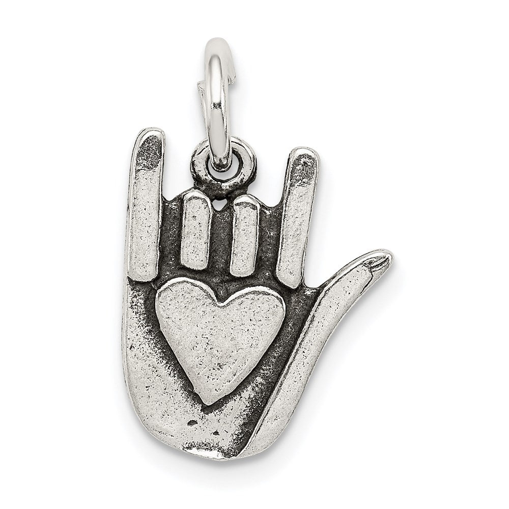 Sterling Silver Antiqued Sign Language Charm, 15 x 12 mm