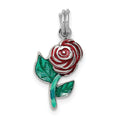 Sterling Silver Rhodium-plated Green and Red Enamel Rose Charm, 17 x 10 mm