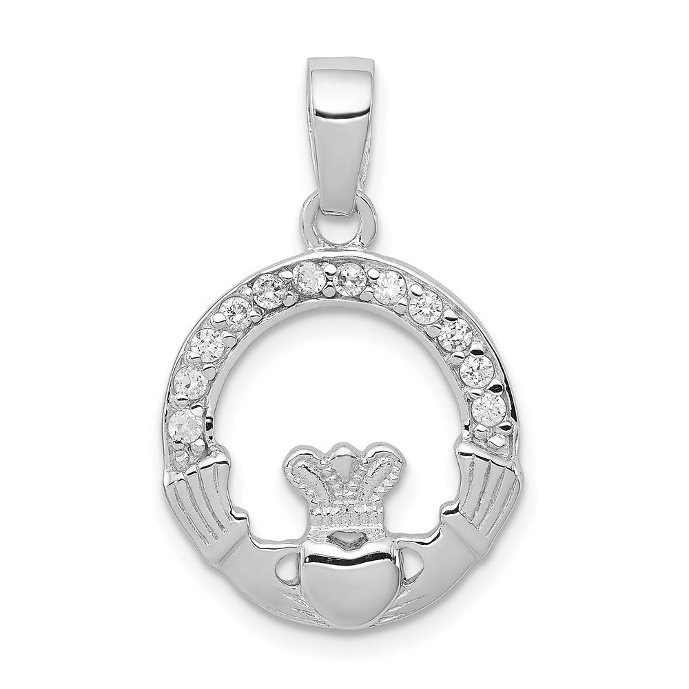 Sterling Silver Rhodium Plated CZ Claddagh Pendant, 26 x 16 mm
