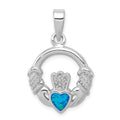 Sterling Silver Rhodium-plated Lab Created Blue Opal Inlay Claddagh Pendant, 29 x 19 mm