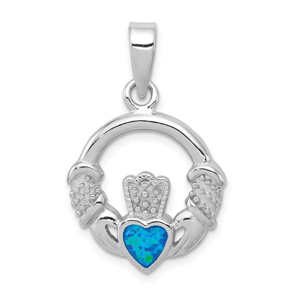Sterling Silver Rhodium-plated Lab Created Blue Opal Inlay Claddagh Pendant, 29 x 19 mm