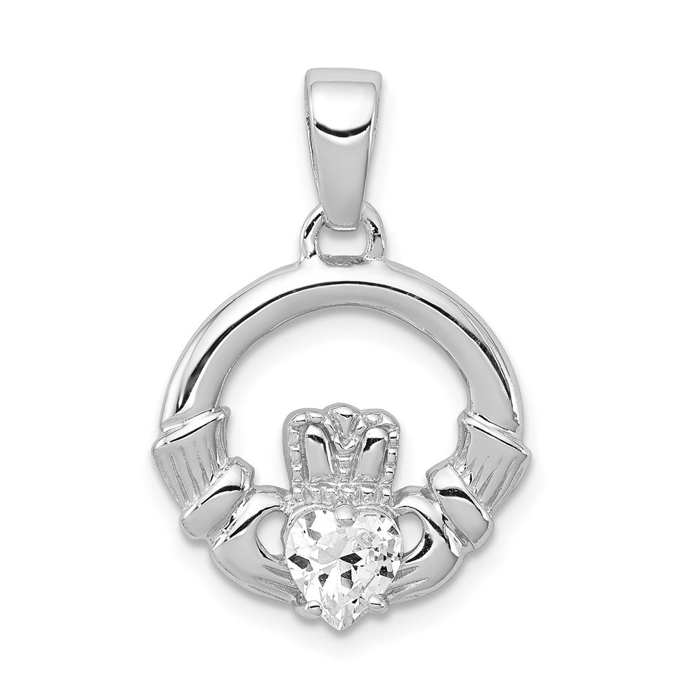 Sterling Silver Rhodium Plated CZ Claddagh Pendant, 24 x 16 mm