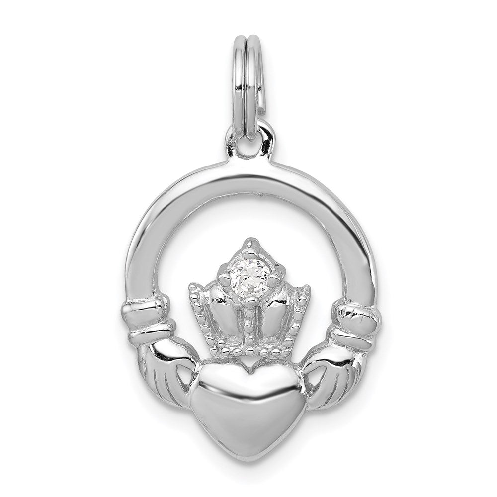 Sterling Silver Rhodium-plated CZ Irish Claddagh Pendant, 26 x 15 mm