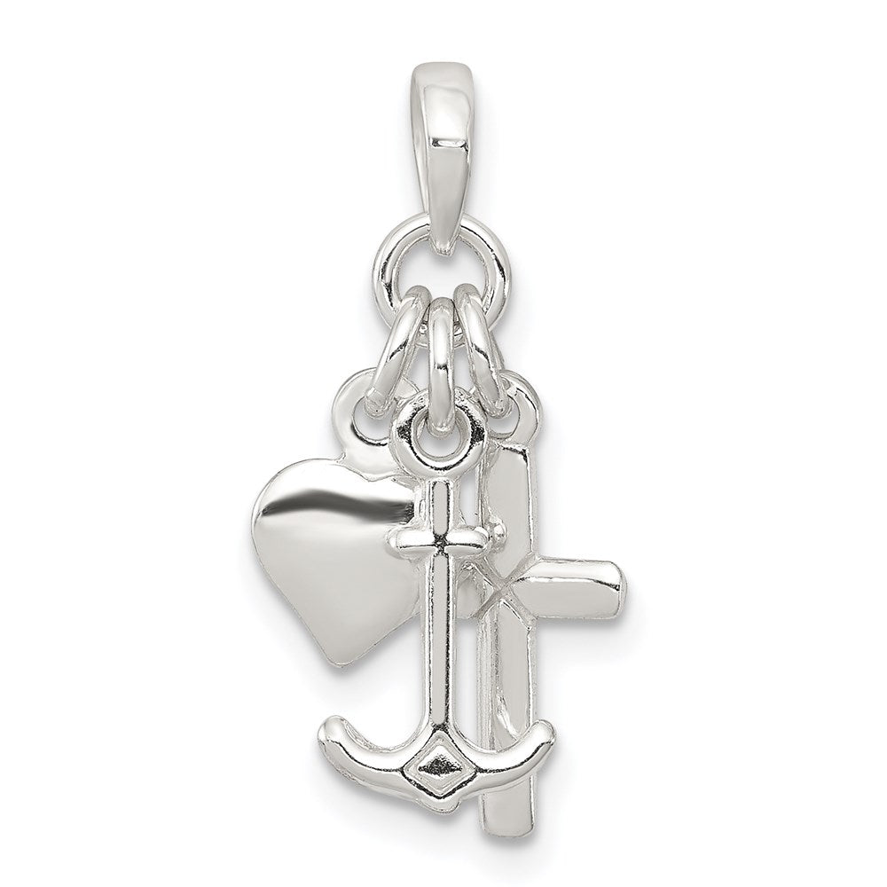 Sterling Silver Polished Anchor Heart and Cross Pendant, 24 x 16 mm