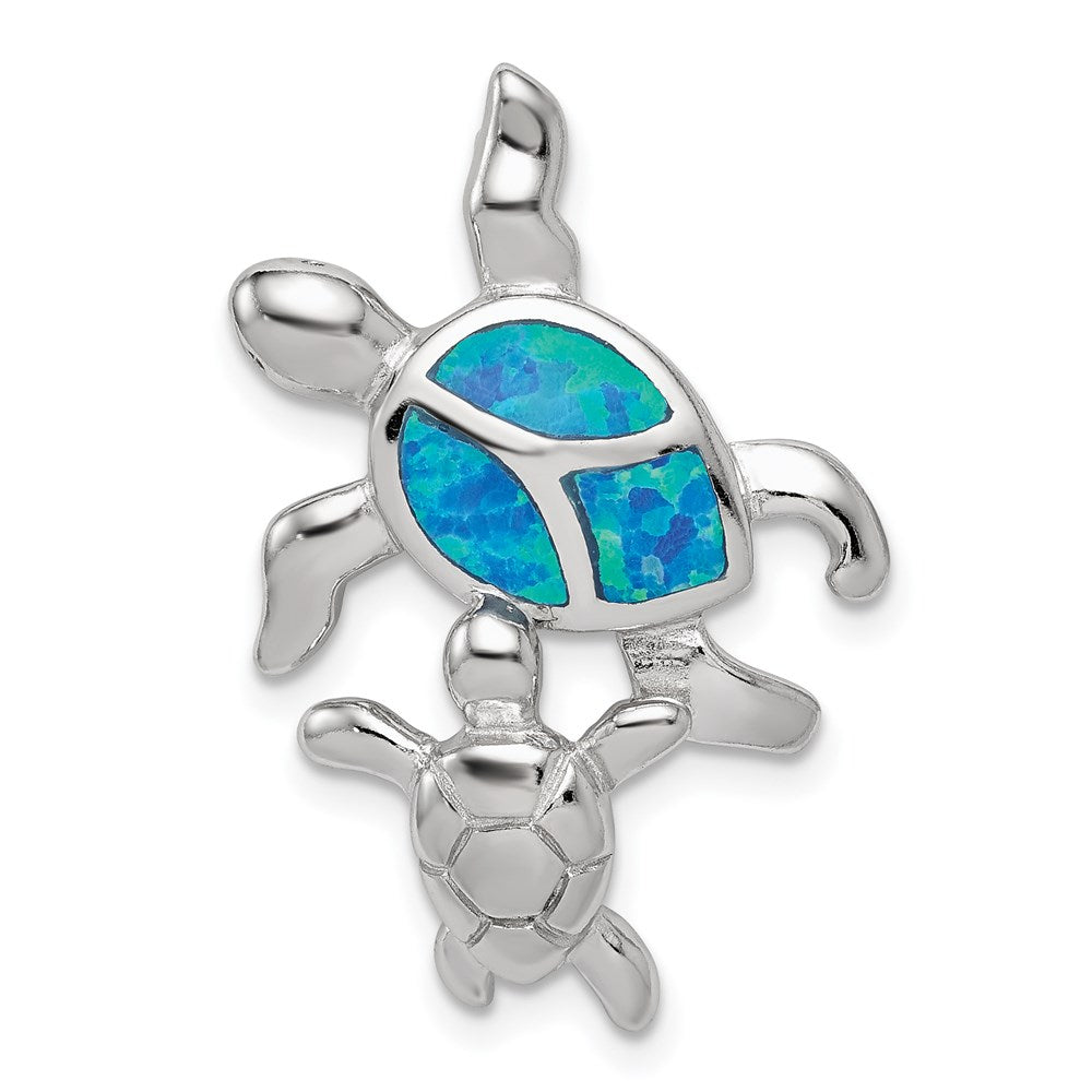 Sterling Silver Rhodium-plated Polished Blue Inlay Created Opal Turtle Slide, 28 x 19 mm