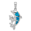 Sterling Silver Rhodium-plated Blue Inlay Created Opal Dolphin Pendant, 33 x 14 mm