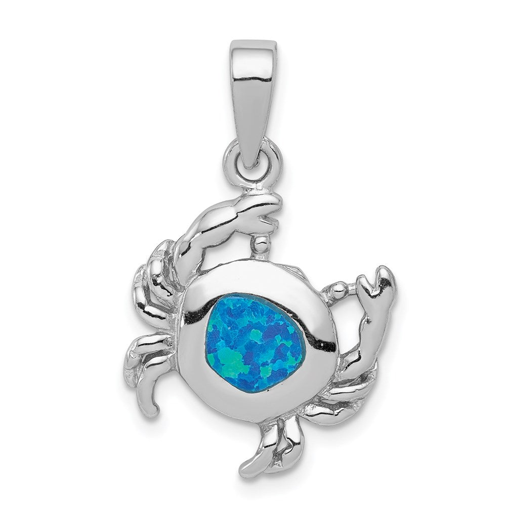 Sterling Silver Rhodium-plated Blue Inlay Created Opal Crab Pendant, 29 x 18 mm