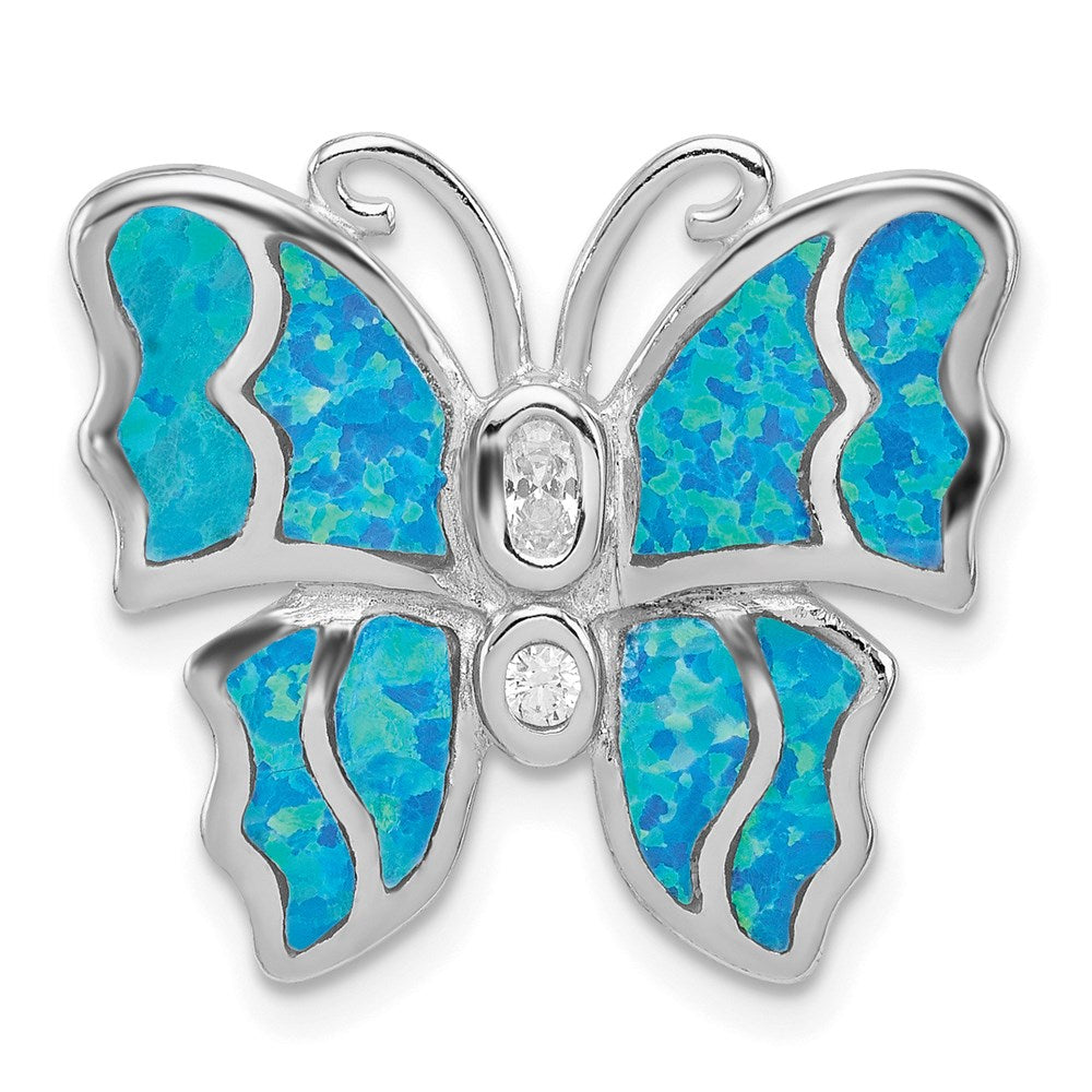 Sterling Silver Rhodium- plated Inlay Blue Created Opal Butterfly Pendant, 20 x 21 mm