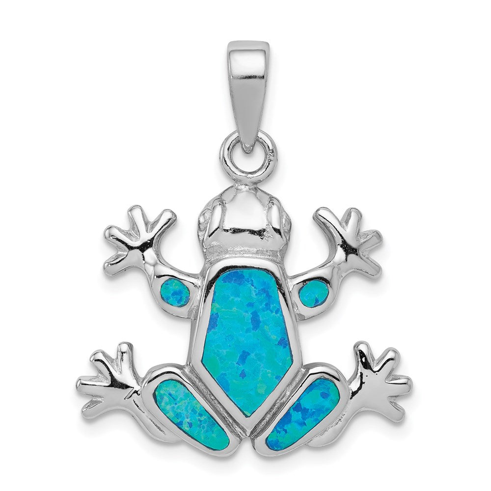 Sterling Silver Rhodium-plated Blue Inlay Created Opal Frog Pendant, 24 x 25 mm