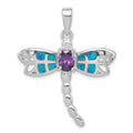 Sterling Silver Rhodium-plated Created Opal Dragonfly Amethyst Pendant, 0.42 ct, 36 x 30 mm