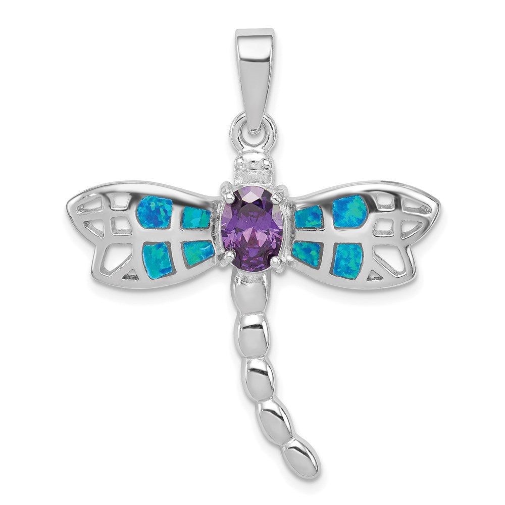 Sterling Silver Rhodium-plated Created Opal Dragonfly Amethyst Pendant, 0.42 ct, 36 x 30 mm