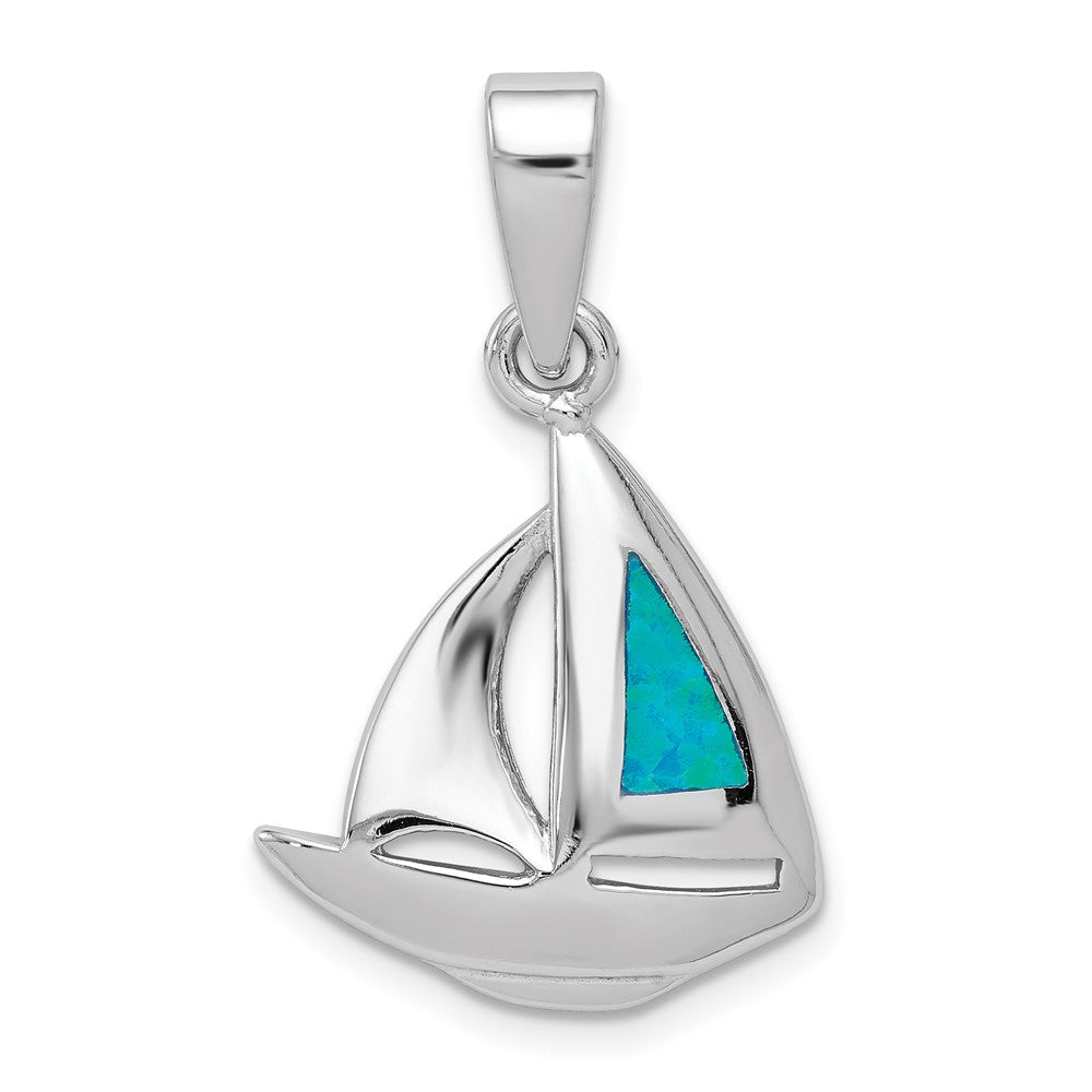 Sterling Silver Rhodium-plated Blue Inlay Created Opal Sailboat Pendant, 21 x 17 mm
