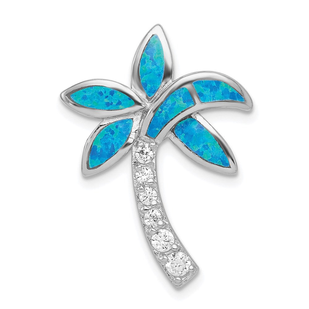 Sterling Silver Rhod-pltd CZ Blue Inlay Created Opal Palm Tree Slide, 26.41 x 20 mm