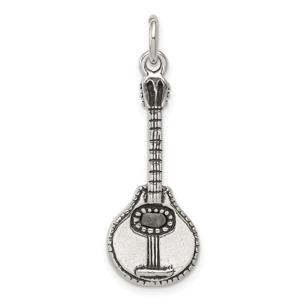 Sterling Silver Antiqued Mandolin Charm, 35 x 11 mm