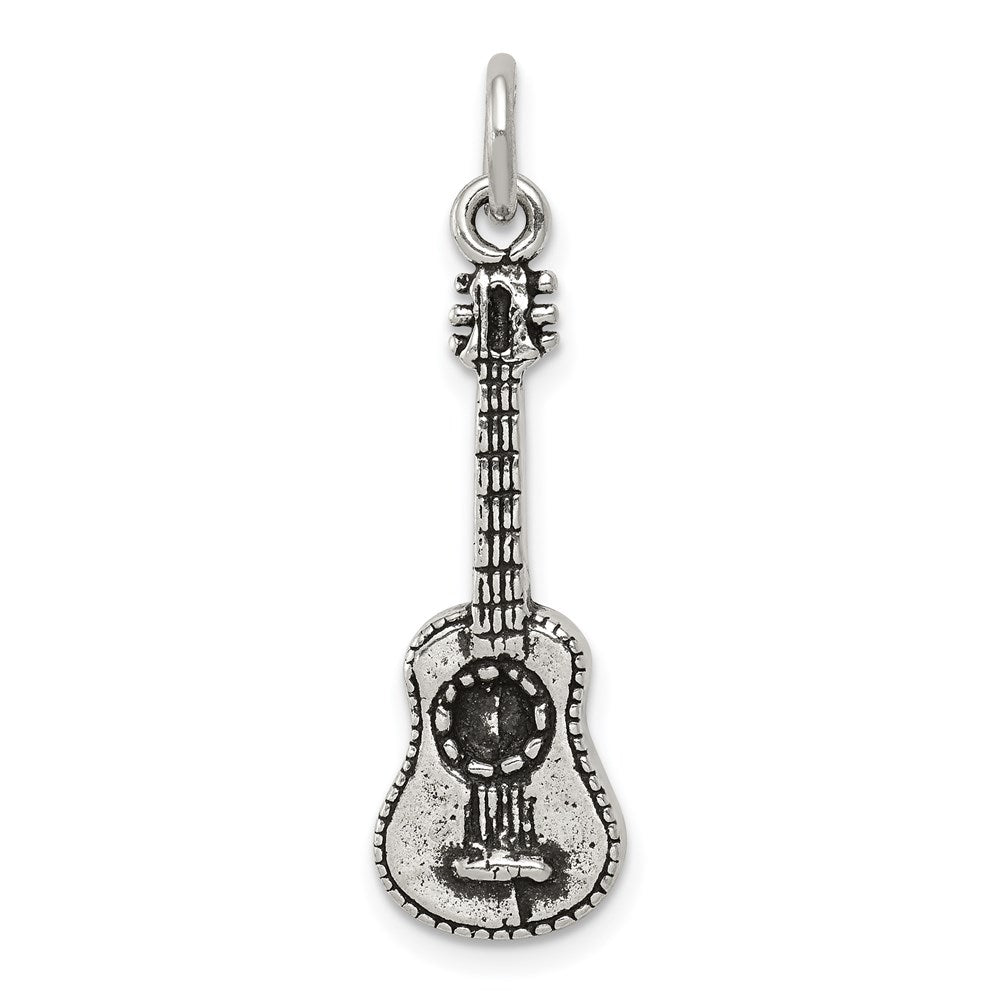 Sterling Silver Antiqued Acoustic Guitar Charm, 34 x 9 mm