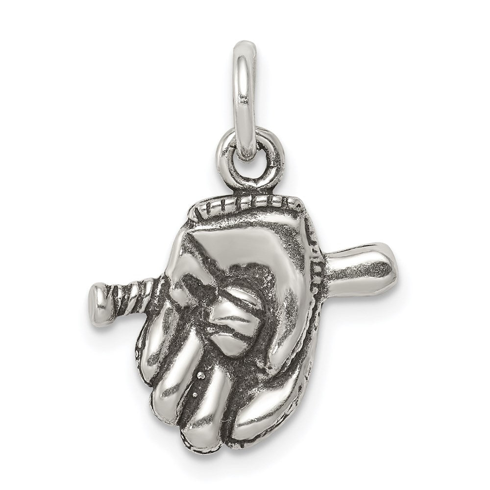 Sterling Silver Antiqued Baseball Glove/Bat Charm, 22 x 16 mm
