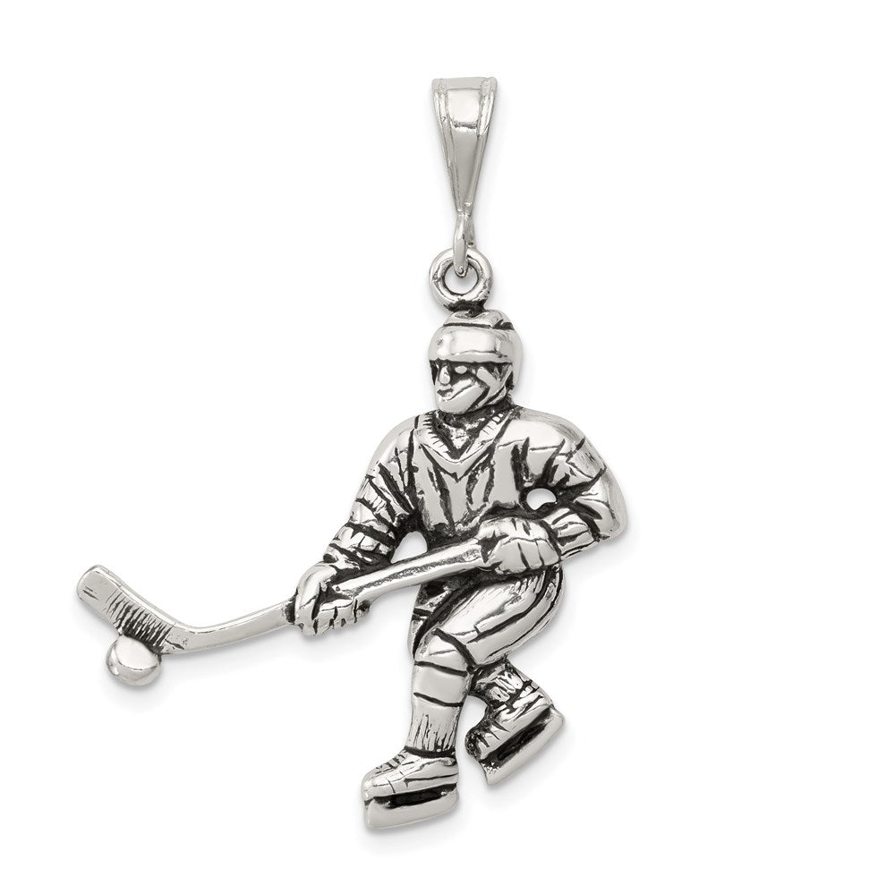 Sterling Silver Antiqued Hockey Player Charm, 37 x 28 mm