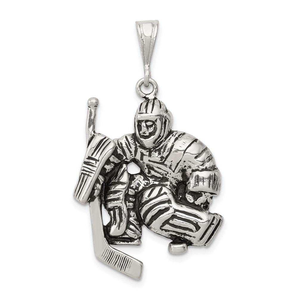 Sterling Silver Antiqued Hockey Player Charm, 40 x 23 mm