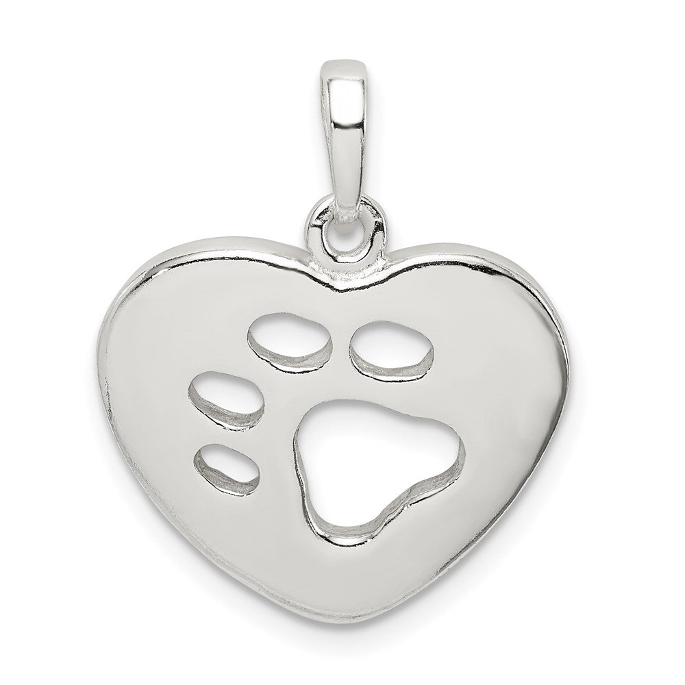 Sterling Silver Polished Heart with Paw Print Pendant, 26 x 19 mm