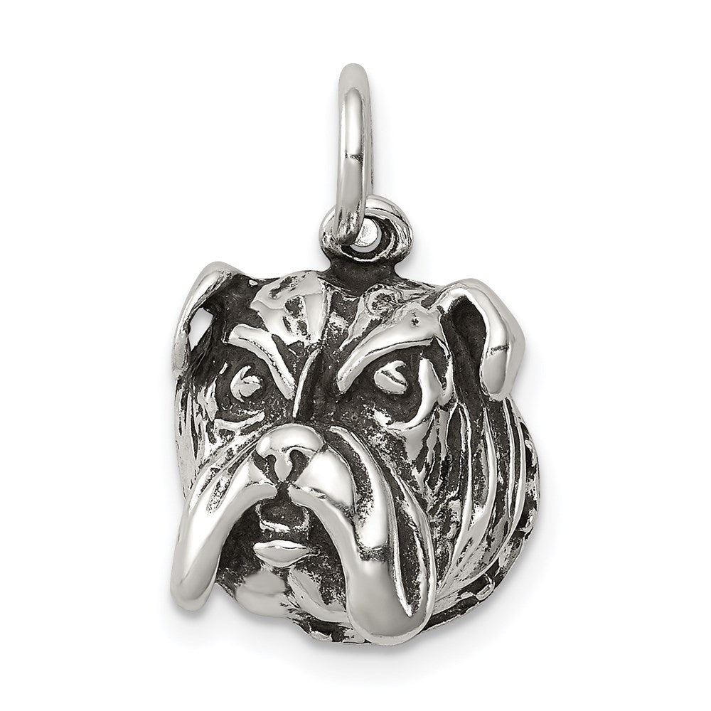 Sterling Silver Antiqued Bull Dog Charm, 15 x 13 mm