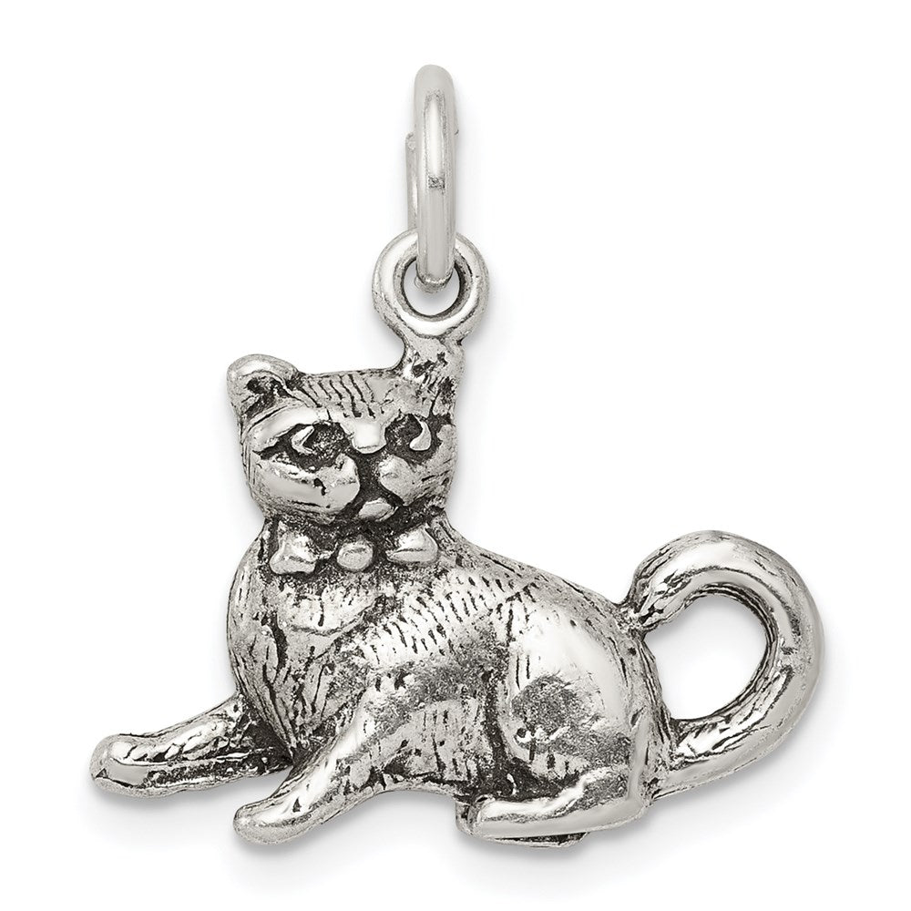 Sterling Silver Antiqued Cat Charm, 22 x 19 mm