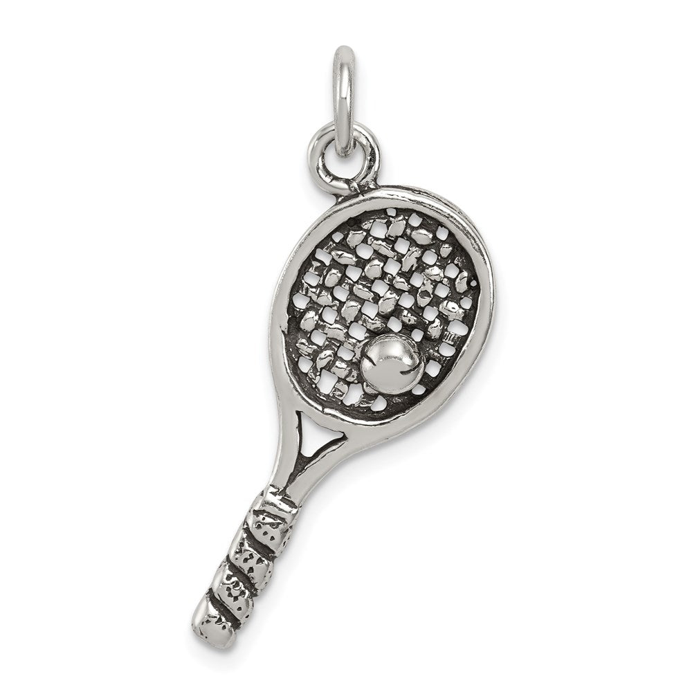 Sterling Silver Antiqued Tennis Racquet Charm, 29 x 14 mm