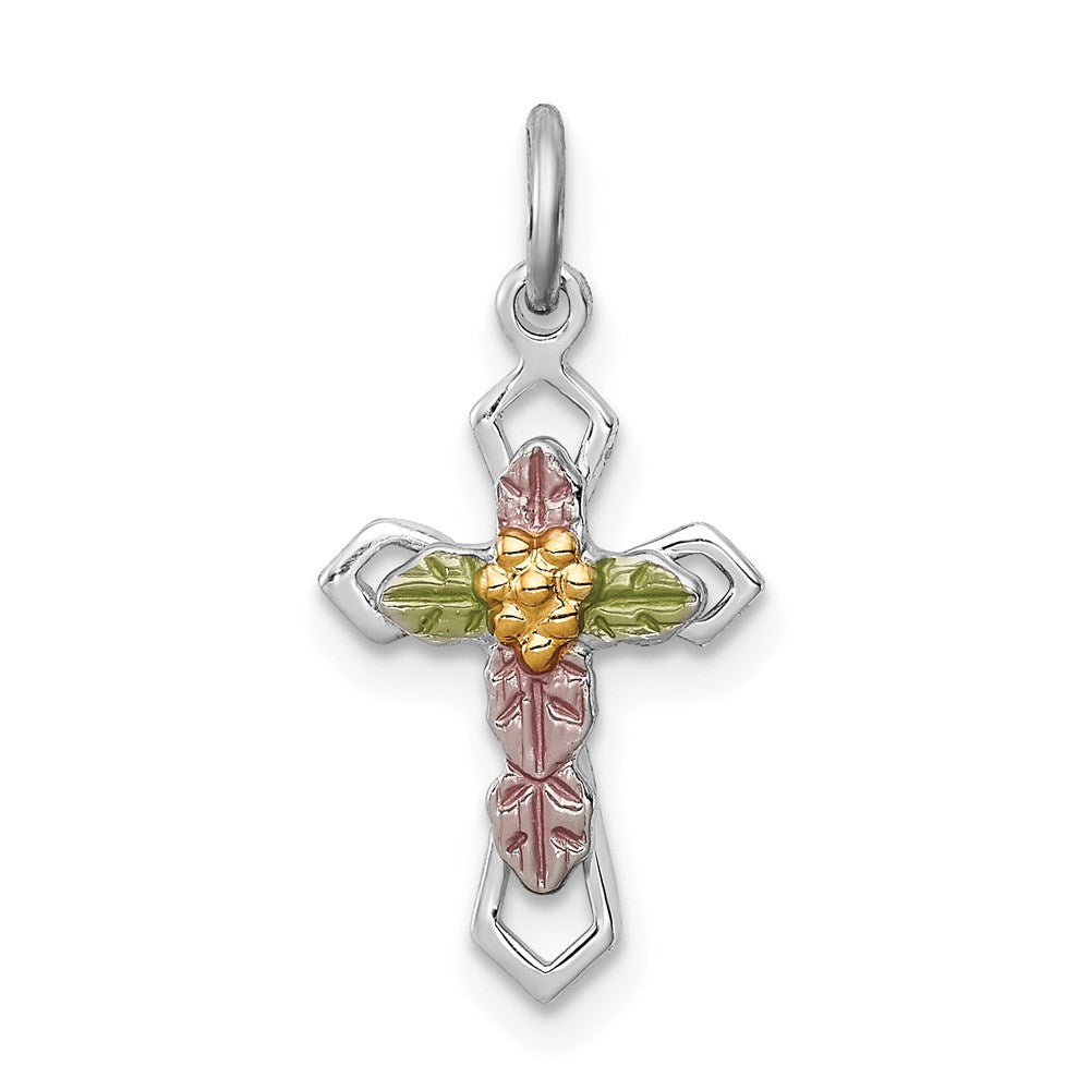 Sterling Silver Platinum-plated Polished Epoxy & Gold-plated Cross Pendant, 21.4 x 10.33 mm
