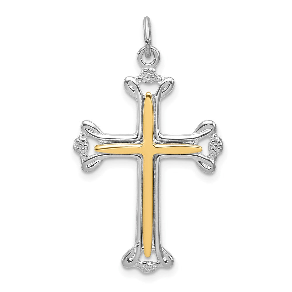 Sterling Silver Platinum-plated Polished Vermeil Budded Cross Pendant, 30 x 20 mm