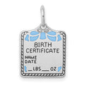 Sterling Silver Rhodium-plated Blue Birth Certificate Polished Charm, 21 x 13 mm