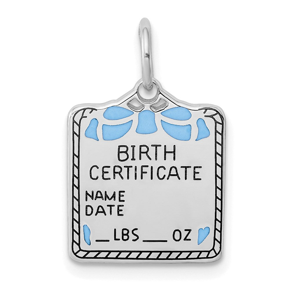 Sterling Silver Rhodium-plated Blue Birth Certificate Polished Charm, 21 x 13 mm