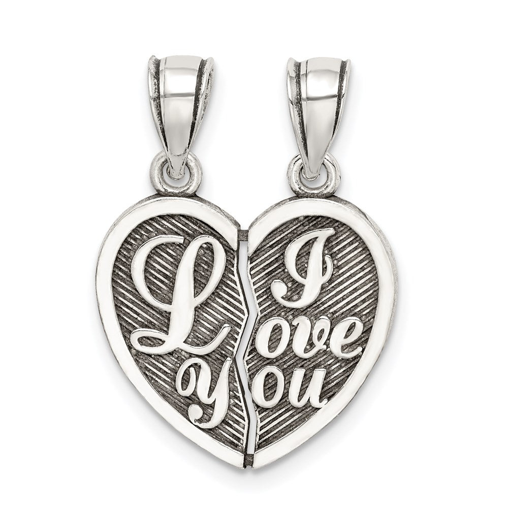 Sterling Silver Antiqued Mini I Love You Break Apart Heart Pendant, 16 mm