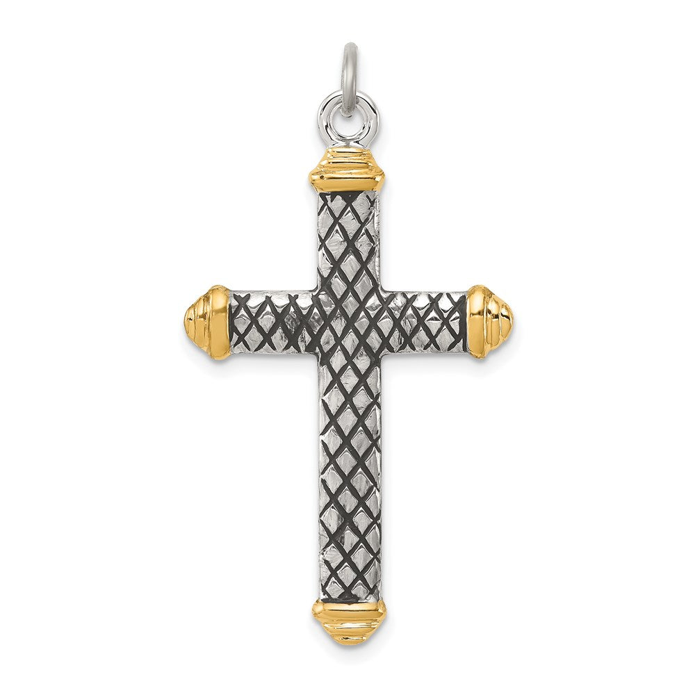 Sterling Silver, Gold-tone, Blk Rhod Criss Cross Design Cross Pendant, 34.2 x 21.9 mm