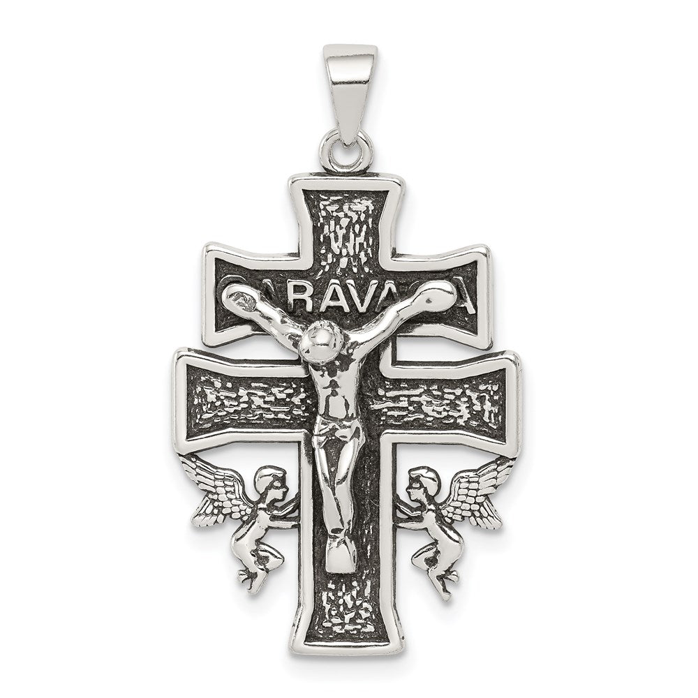 Sterling Silver Antiqued Mini Caravaca Crucifix Pendant, 26.4 x 18.85 mm
