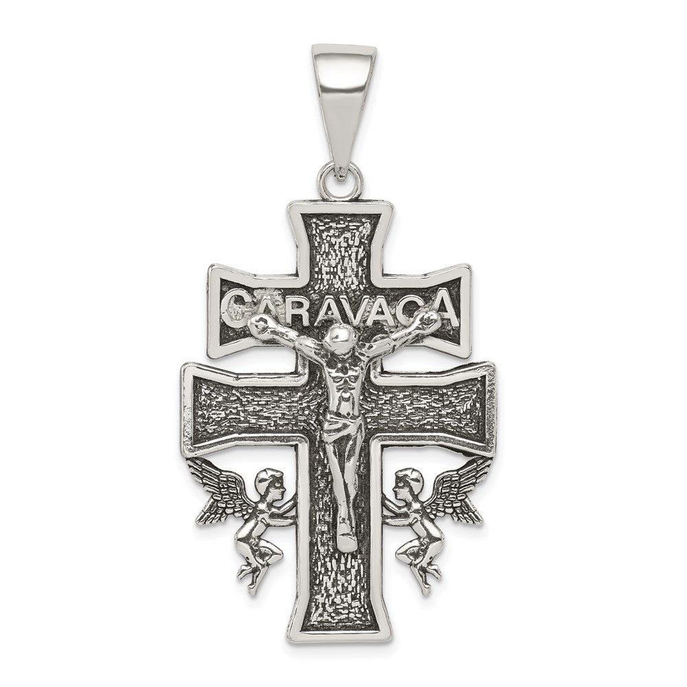 Sterling Silver Antiqued Large Caravaca INRI Crucifix Cross Pendant, 37.51 x 26.5 mm