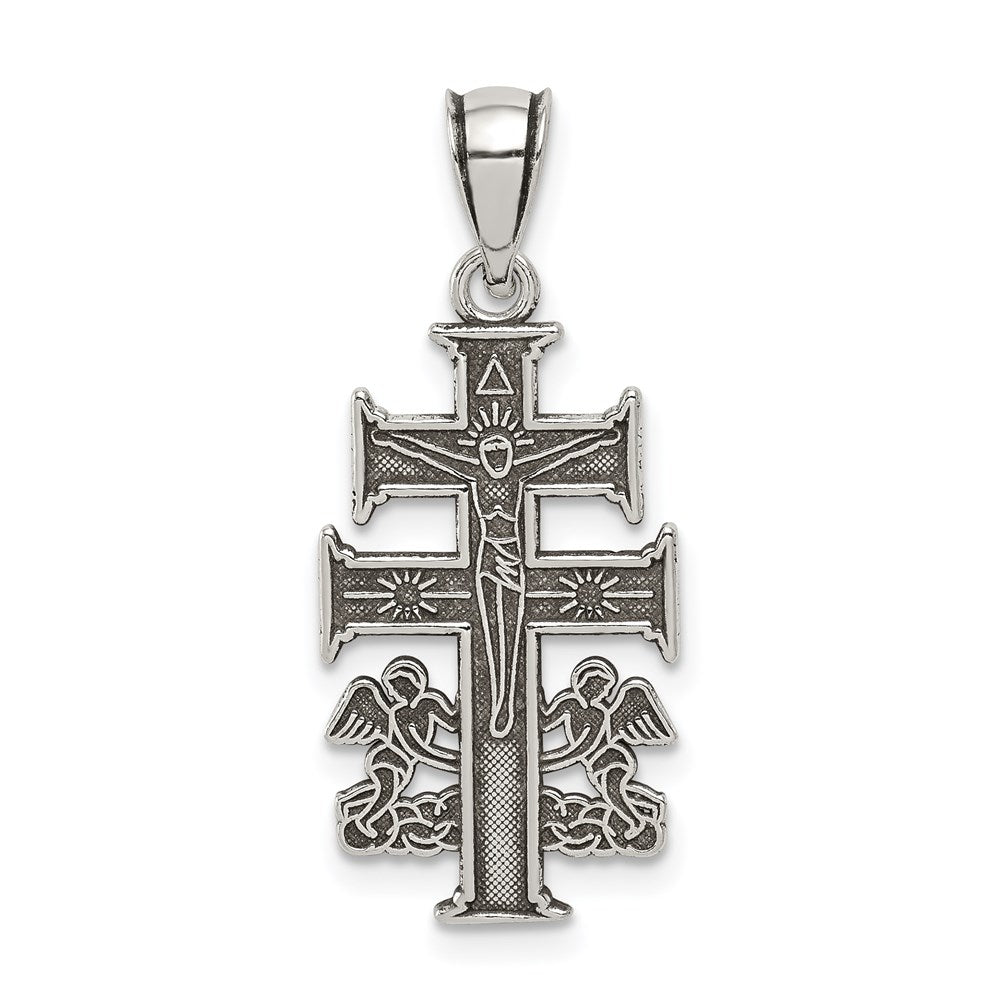 Sterling Silver Antiqued Caravaca Double Cross w/Angels Crucifix Pendant, 20.63 x 12.4 mm