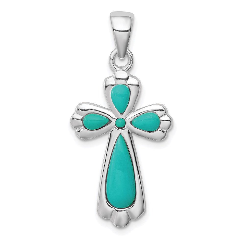 Sterling Silver Rhodium-plated Polished Imitation Turquoise Cross Pendant, 24.9 x 16 mm